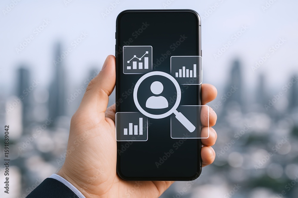 Poster modern smartphone with data analysis icons showing growth and charts on screen.
