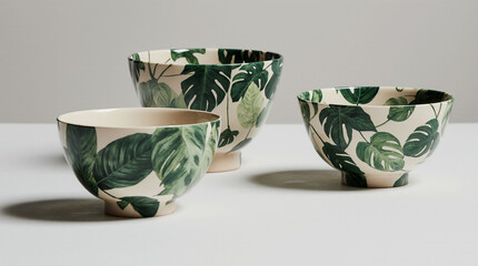 Ceramic bowls featuring lush monstera leaf designs, displaying a tropical pattern against a neutral backdrop, adding a vibrant touch to dining and kitchen decor