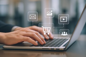Obraz premium Hands Typing on Laptop Keyboard with Digital Shopping and Business Icons Overlay.