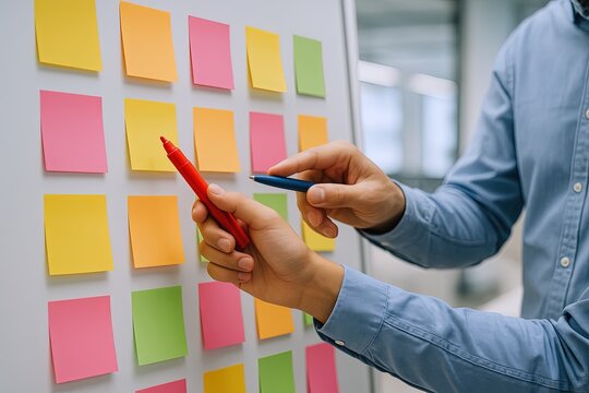 Businessperson Organizing Colorful Sticky Notes on Whiteboard for Planning and Strategy.
