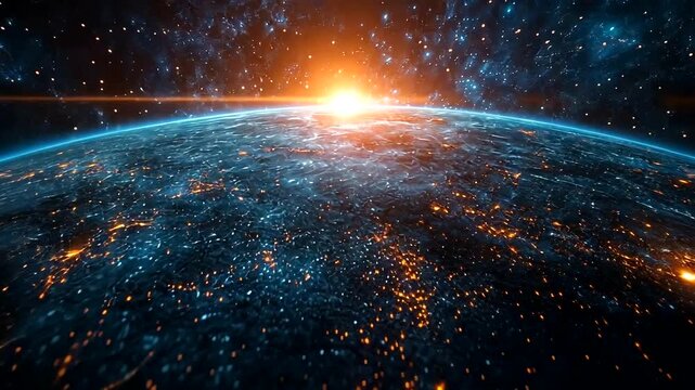 Spectacular sunrise over illuminated earth in deep space galaxy scene animation
