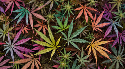 Colorful cannabis leaves create a visually appealing and vibrant pattern, showcasing various hues and tones against a dark background.
