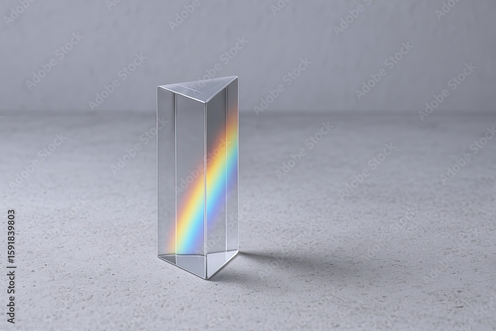 Poster transparent rectangular prism with rainbow reflection on gray surface and wall.