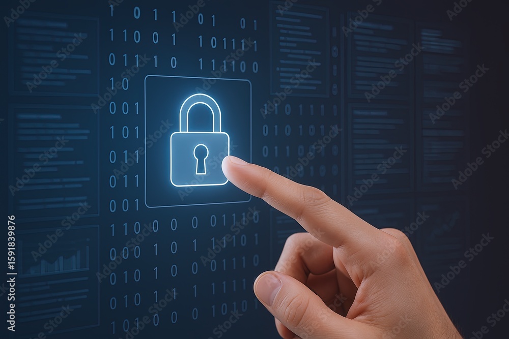 Aufkleber digital security and data protection concept with finger pressing lock icon on screen.
