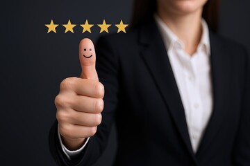 Professional business woman in formal suit giving thumbs up with five star rating on black background.