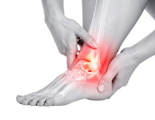 Person suffering from ankle pain or injury isolated on white background 