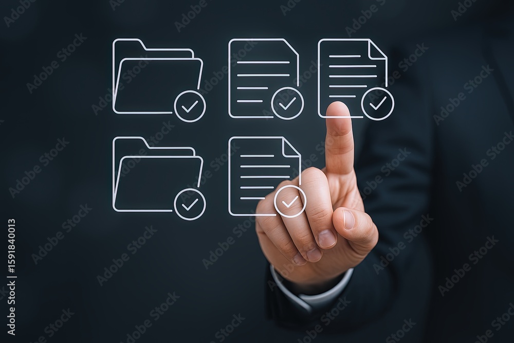 Poster business professional touching digital folder and document icons for data management.