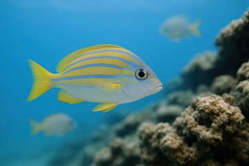 Colorful Tropical Fish Swimming Near Coral Reef Underwater Scene Brightly Lit.