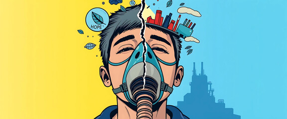 8K comic illustration of a person breathing through a cracked oxygen mask, while icons of leaves and factories orbit their head. Background split into yellow hope above and blue ecological collapse.