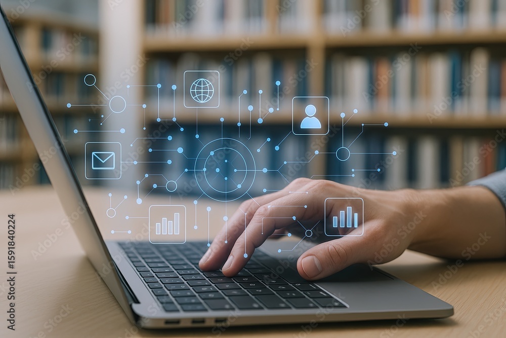 Poster modern person working with holographic digital icons and data visualization on laptop screen in libr