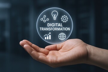 Hand Holding Digital Transformation Concept with Light Icons and Technology Symbols.