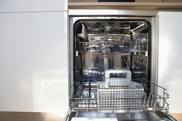 Open Dishwasher with Rack and Basket