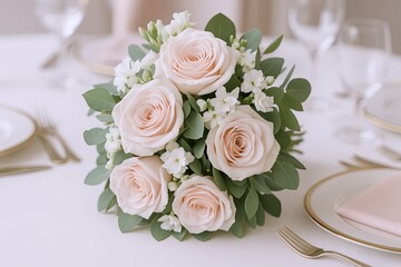 Elegant pastel floral bouquet with roses and greenery for wedding or event decor.