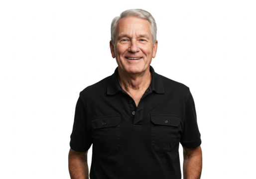 A smiling senior man with gray hair wearing a black polo shirt, isolated on transparent background