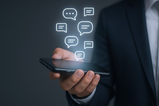 Businessman in formal suit holding smartphone with chat message icons floating above.