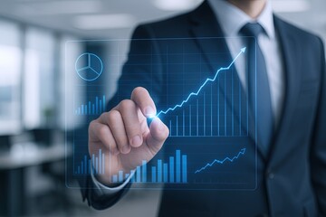 Businessman in formal suit analyzing digital growth chart with futuristic interface.