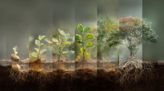 Plant growth stages with exposed roots and soil, a visual representation of the life cycle from seed to mature tree, a botanical process