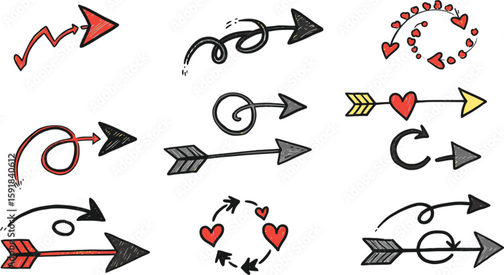 Poster vector art of hand drawn arrows with hearts isolated on transparent background, ideal for adding a t