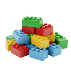 A scattered heap of vibrant multi-colored glossy plastic construction blocks with studs & tubes, isolated on a transparent background with copy space, illuminated by bright studio lighting, concept of