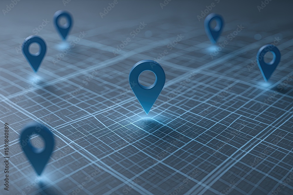 Poster digital map with location pins and grid representing navigation and geographic positioning.