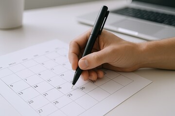 Business Person Writing on Calendar Desk with Laptop and Notepad in Office.