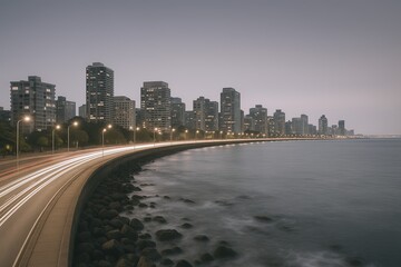 Obraz premium Scenic city skyline at dusk along a waterfront with a long curved road and illuminated streetlights.