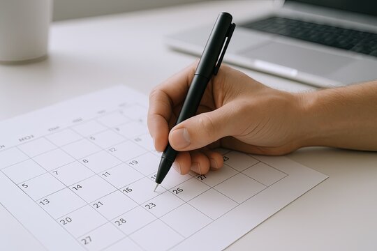 Business Person Writing on Calendar Desk with Laptop and Notepad in Office.