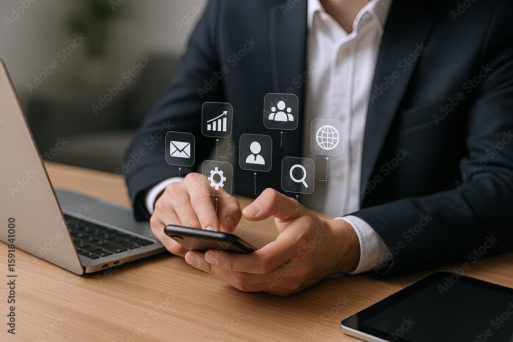 Poster businessman using smartphone with floating technology icons for communication and analytics.