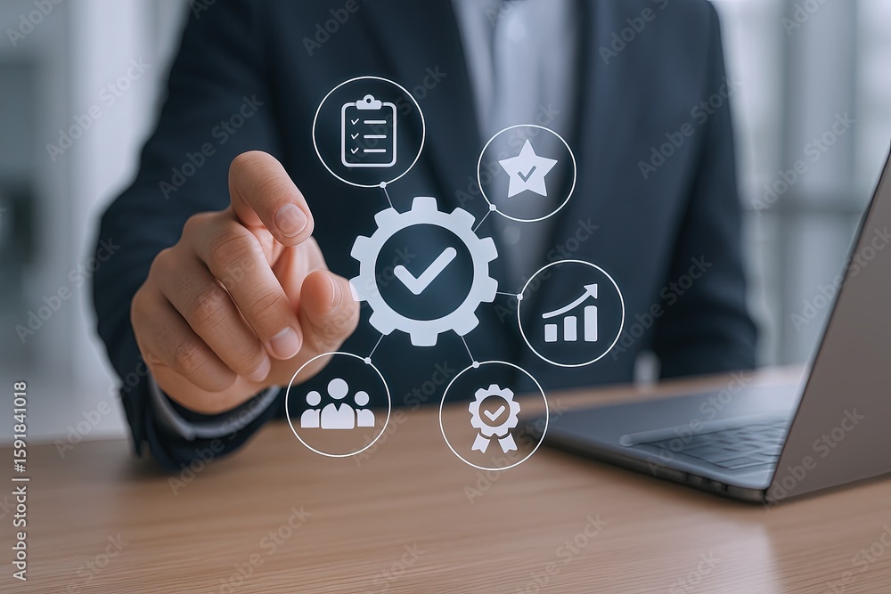 Poster businessman interacting with digital icons representing project management and data analysis.