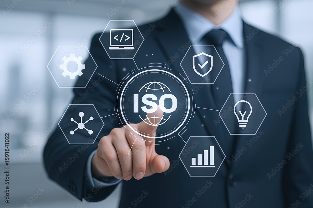 Poster businessman in suit interacting with digital interface displaying iso standard icons.
