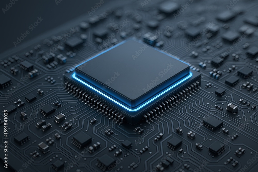 Poster close up of a modern computer processor chip on a printed circuit board with glowing led lighting.
