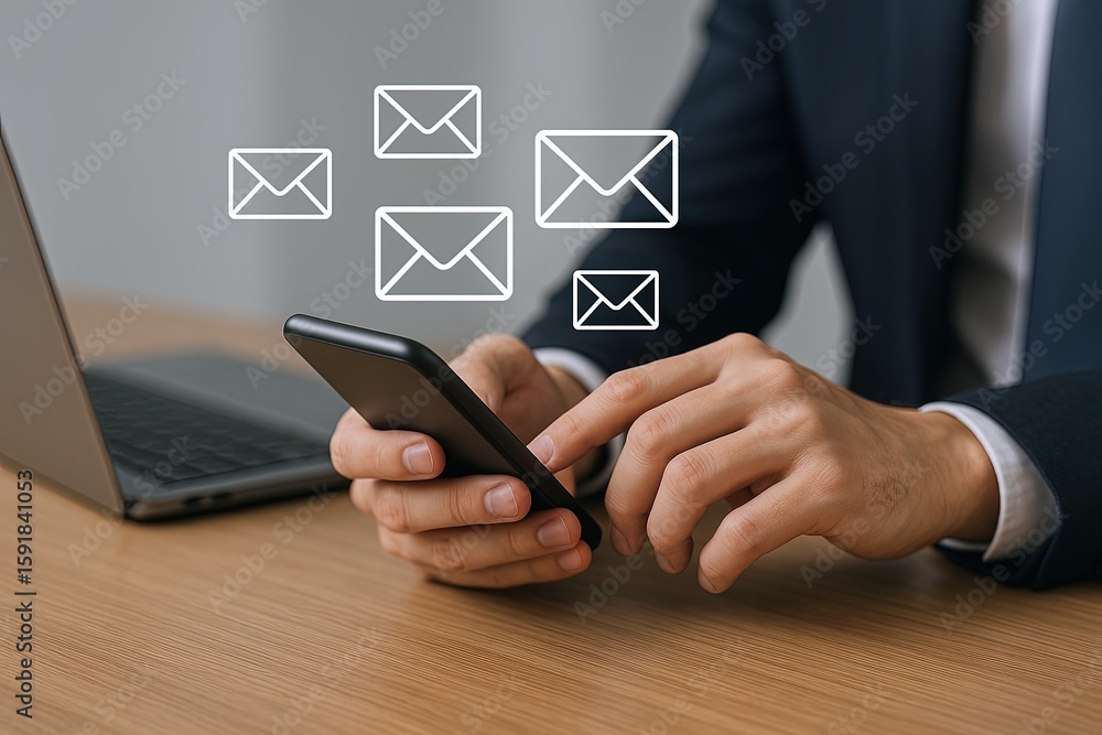 Poster businessman using smartphone with email icons floating above in office setting.