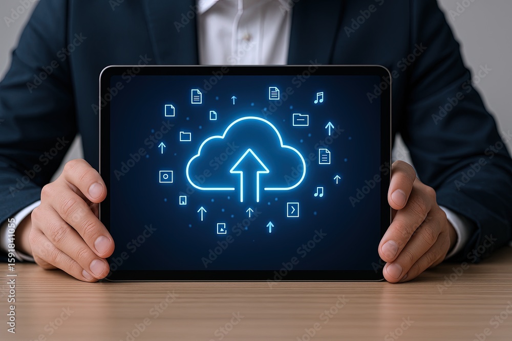 Poster businessman holding tablet displaying cloud storage upload icon for digital data transfer.