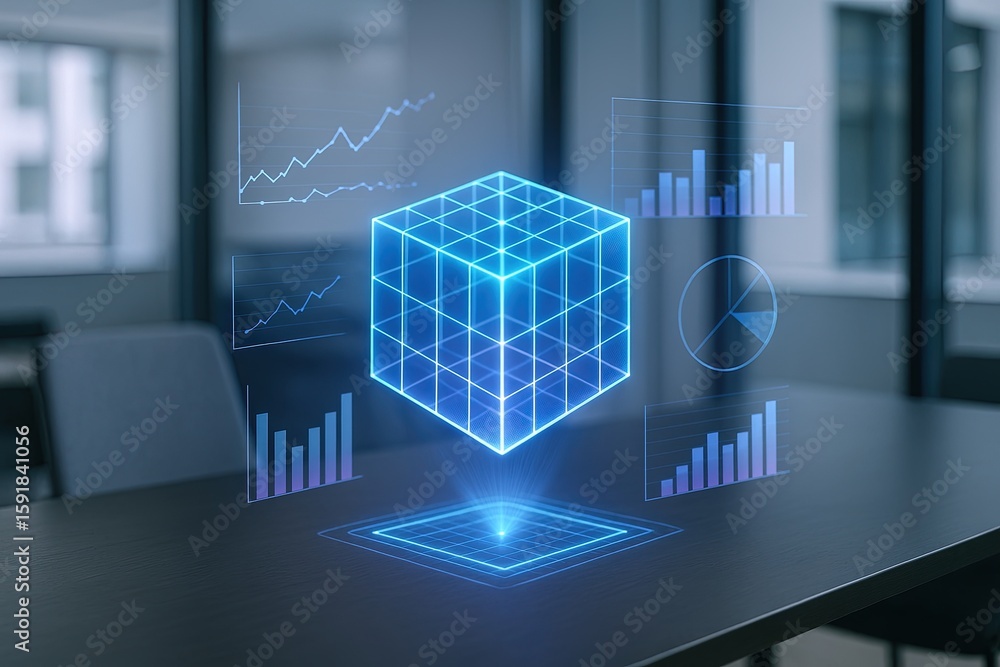 Poster futuristic digital cube with holographic data visualization technology in a modern office setting.