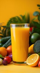 Fototapeta premium Refreshing juice surrounded by colorful fruits and vegetables on a bright backdrop
