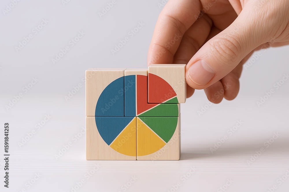 Poster hand arranging colorful wooden blocks with pie chart design on white surface.