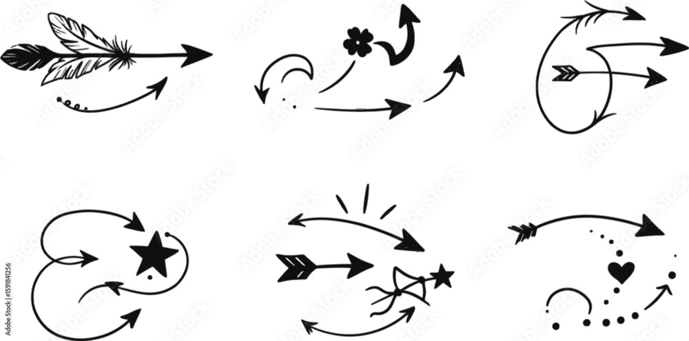 Poster vector art of collection of handdrawn decorative arrows with different shapes and embellishments iso
