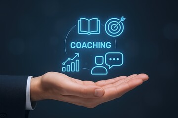 Obraz premium Business Coaching Concept with Digital Icons and Hand Holding Graphic Illustration.