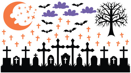A spooky halloween scene with graveyard, moon, bats, clouds and crosses creating a festive atmosphere