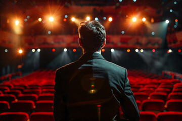 Energetic performer on stage under dramatic lighting, surrounded by an enthusiastic audience at a live event – generative AI