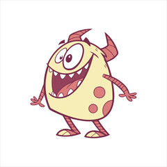 Funny yellow cartoon monster with red horns and spots smiling, kids illustration character vector