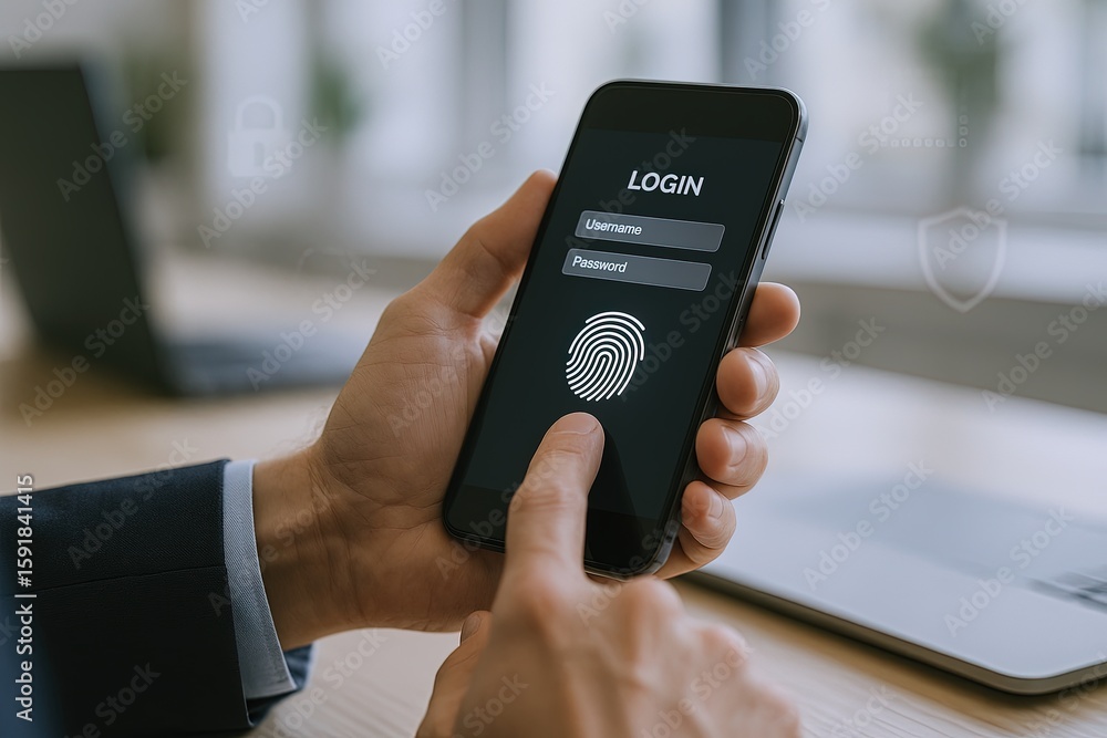 Poster close-up of a person using a smartphone with fingerprint login security in bright modern office.