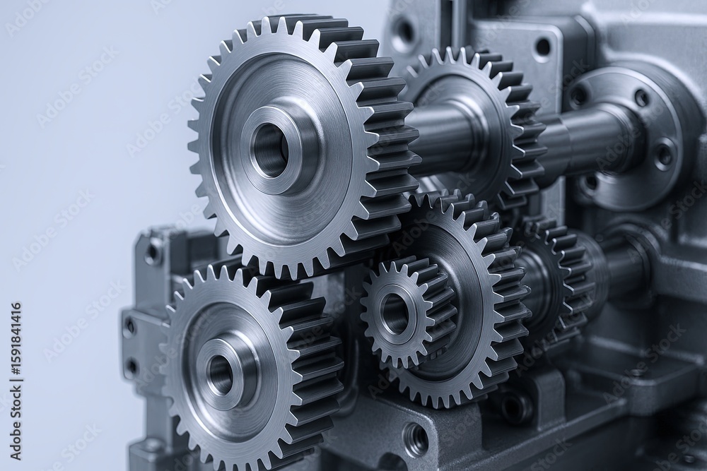 Aufkleber close-up of metallic gear mechanism showing multiple interlocking gears and precision engineering pa