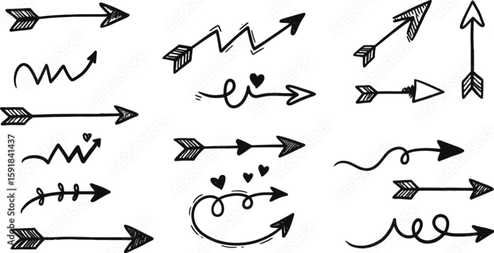Poster vector art of hand drawn arrows with hearts isolated on transparent background, ideal for adding a t
