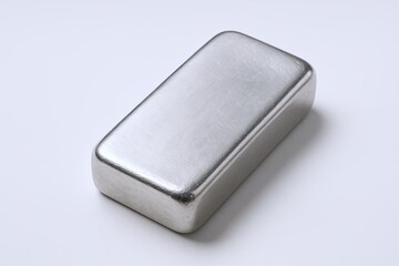 Sleek Silver Metal Rectangular Container with Smooth Surface and Rounded Edges.