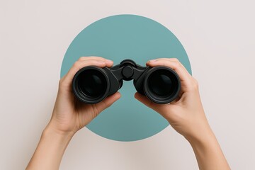 Close-up of person's hands holding binoculars with teal background for wildlife viewing.
