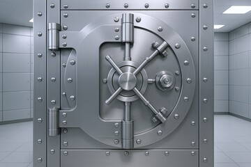 Secure large metal vault door with locking wheel and reinforced rivets in safety room.