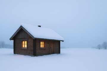 Cozy rustic wooden cabin with warm glowing windows in snow-covered winter landscape.