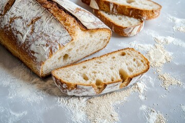 Naklejka premium Sliced rustic Italian bread showcasing an open crumb texture on a floured surface