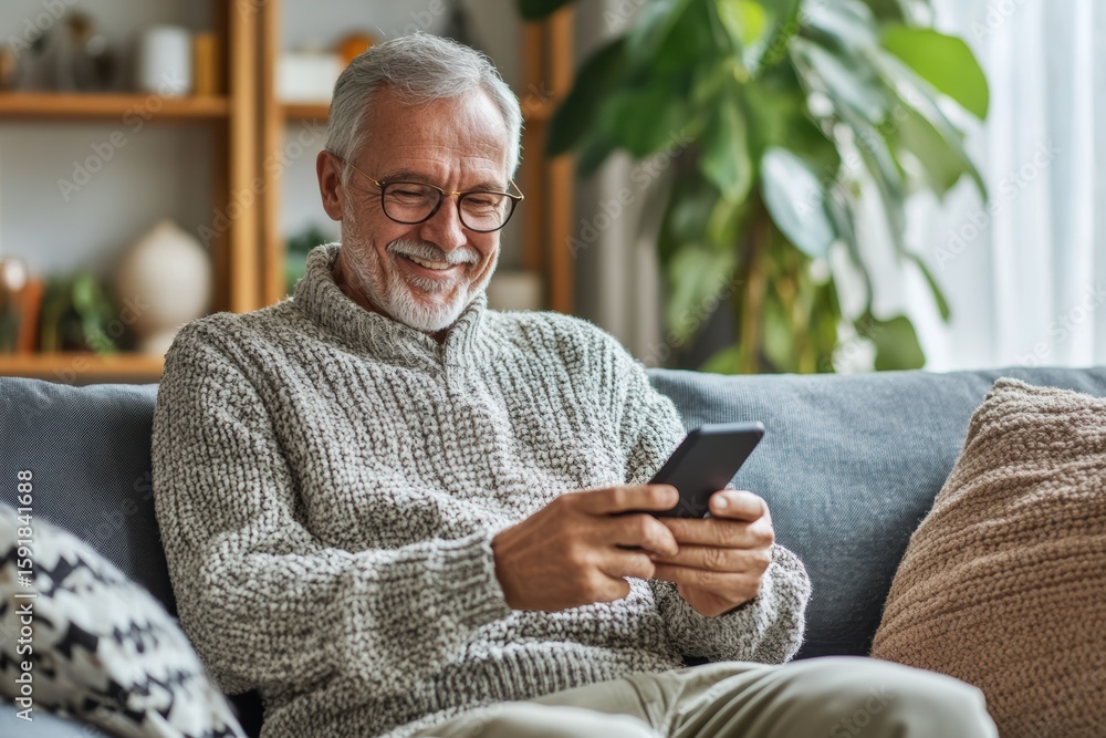 Poster smiling senior man interacts with smartphone while relaxing on sofa at home